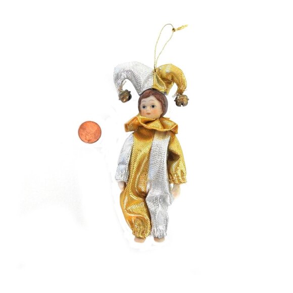 Vintage Porcelain Harlequin Doll Christmas Ornament Silver Gold Shiny 1980s - Picture 2 of 4